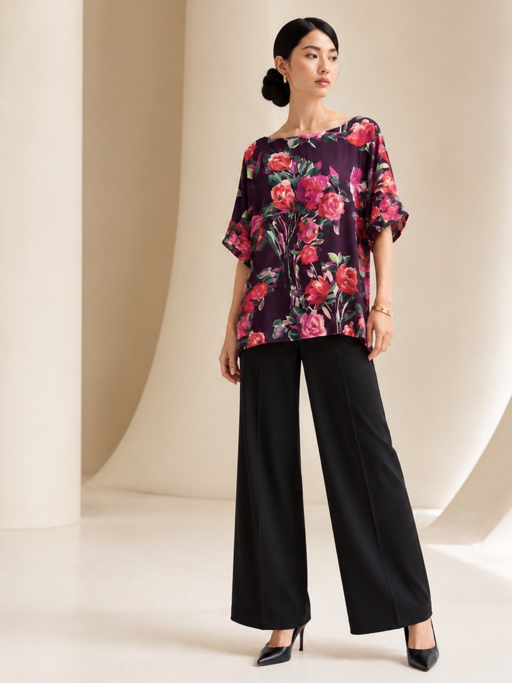 St. John Silk Rose Garden Floral Oversized Blouse Plum Sz S